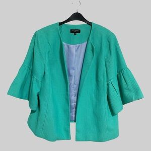 Talbots Flare Sleeve Tweed Open Lined Blazer Jacket Green Sz 14W